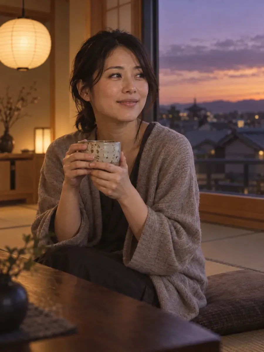 Aya Sato at home in the evening