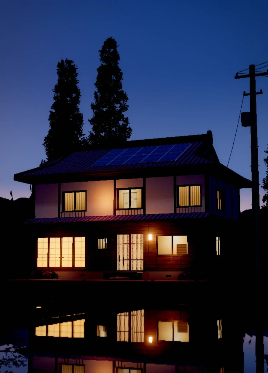 3D tile: a farmhouse lit at dusk, reflected in a flooded field