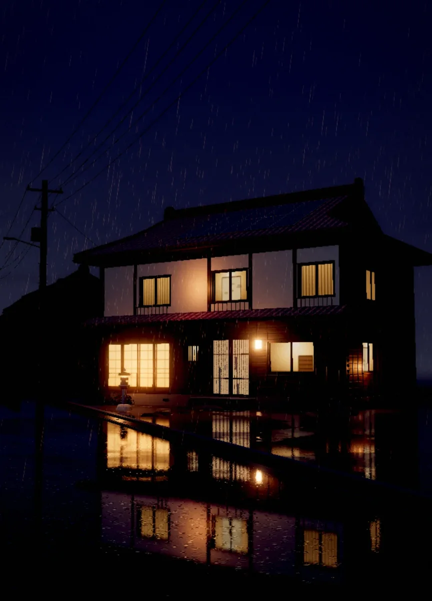 3D tile: a house through a storm, the grid down