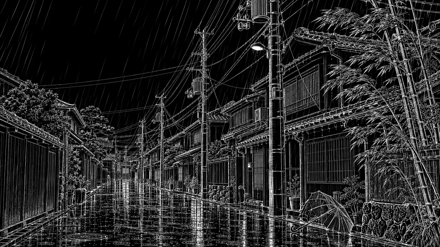 An engraving of a rainy street of power lines