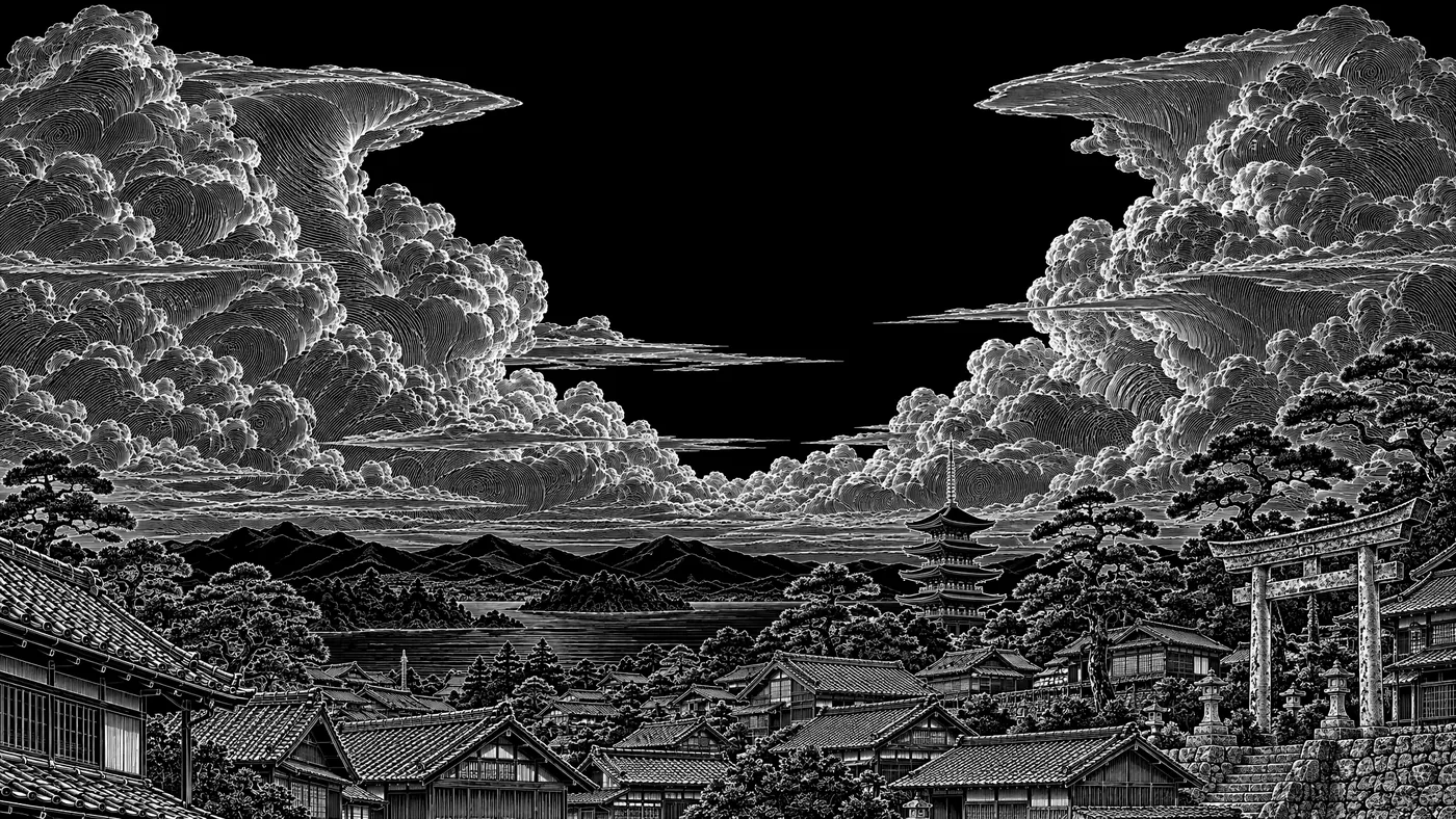 An engraving of storm clouds over a town with a pagoda