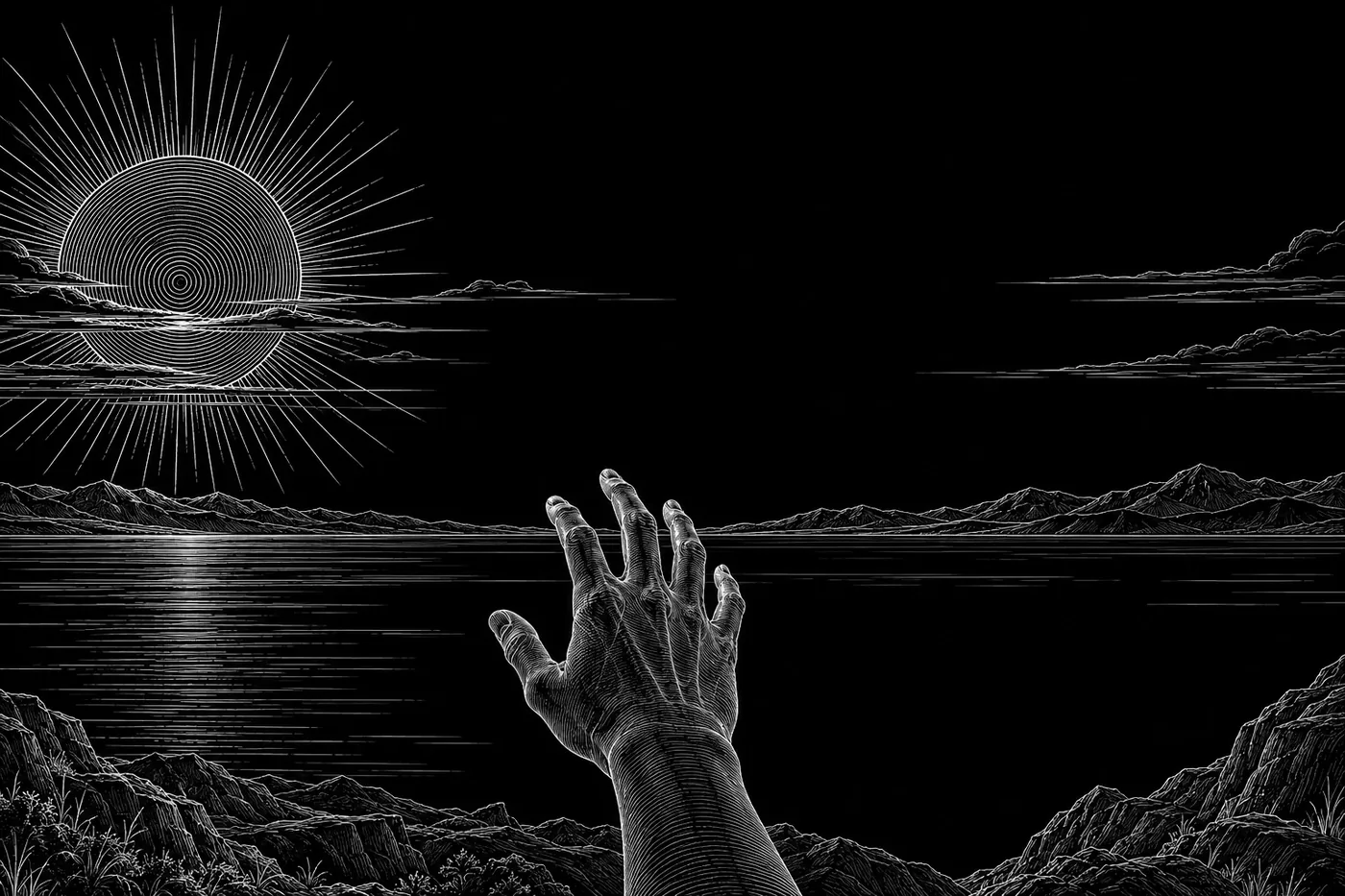 An engraving of a hand raised to the setting sun over the sea