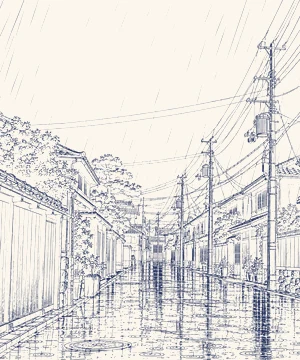 Chiba stamp: a rainy street of power poles