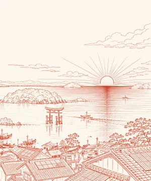 Onomichi stamp: the harbour and a torii at sunset